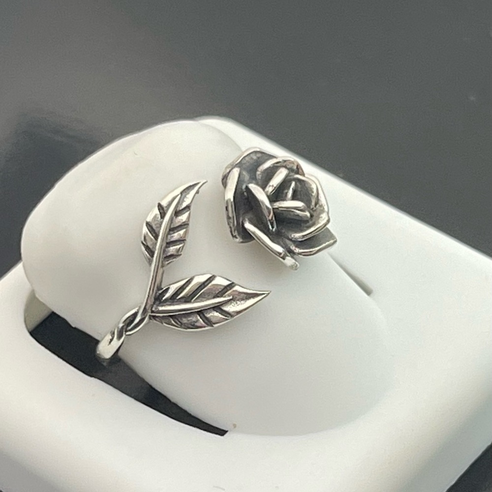 Solid 925 Silver Rose Flower Ring Adjustable Size… - image 3